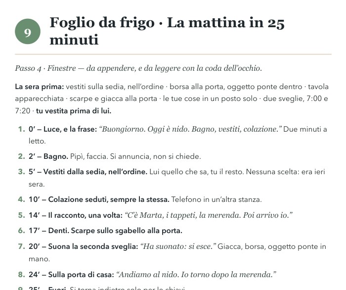 Sezione 9 — Foglio da frigo: la mattina in 25 minuti, dalla sveglia alla porta