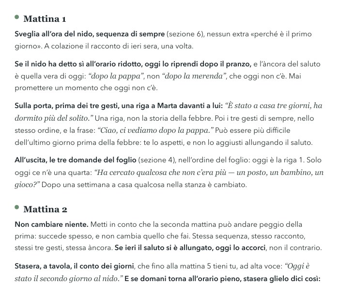 Sezione 1 — Il rientro dopo i giorni a casa: la mattina 1 e la mattina 2, con la frase da dire sulla porta